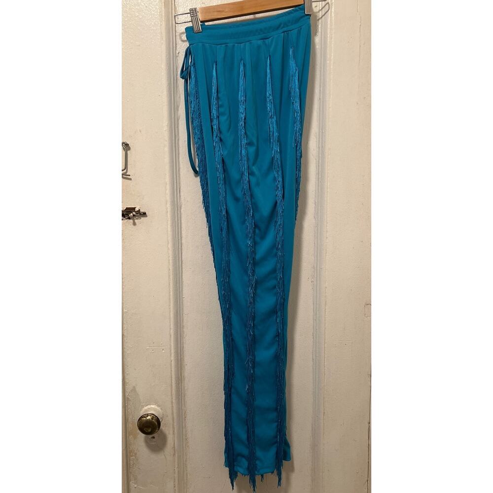 Women's Boho Drawstring Waist Long Fringe Tassel Pants Blue Size S - Picture 12 of 13